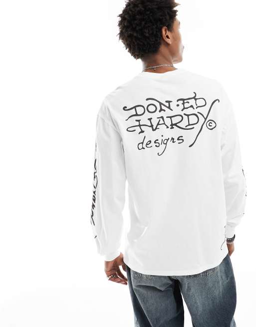Ed Hardy – Langärmliges Skater-T-Shirt in Weiß mit verschiedenen Grafikprints, 4 von 4