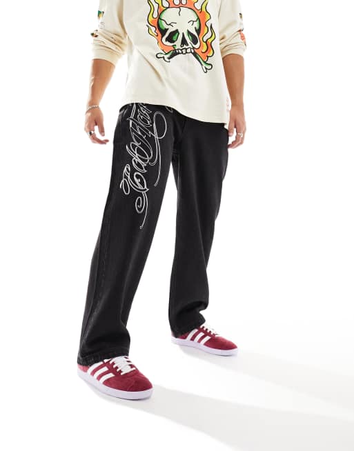 Ed Hardy – Lässig und gerade geschnittene Jeans in verwaschenem Grau mit Stickerei, 2 von 5