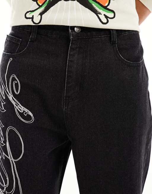 Ed Hardy – Lässig und gerade geschnittene Jeans in verwaschenem Grau mit Stickerei, 4 von 5
