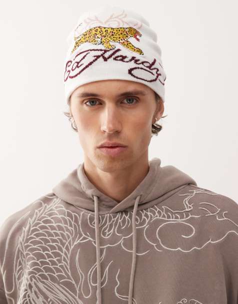 Ed Hardy leopard logo beanie hat in beige - view 1