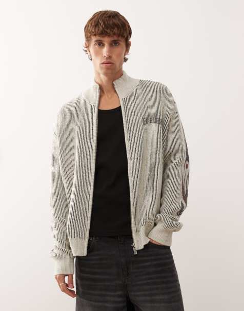 Ed Hardy life before honor fur detail knitted zip through jacket in off white and black