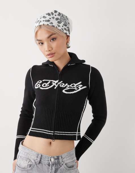 Ed Hardy life before knitted zip through jacket in black - view 1