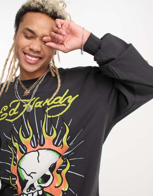 Ed Hardy long sleeve t shirt with skull graphic in vintage black