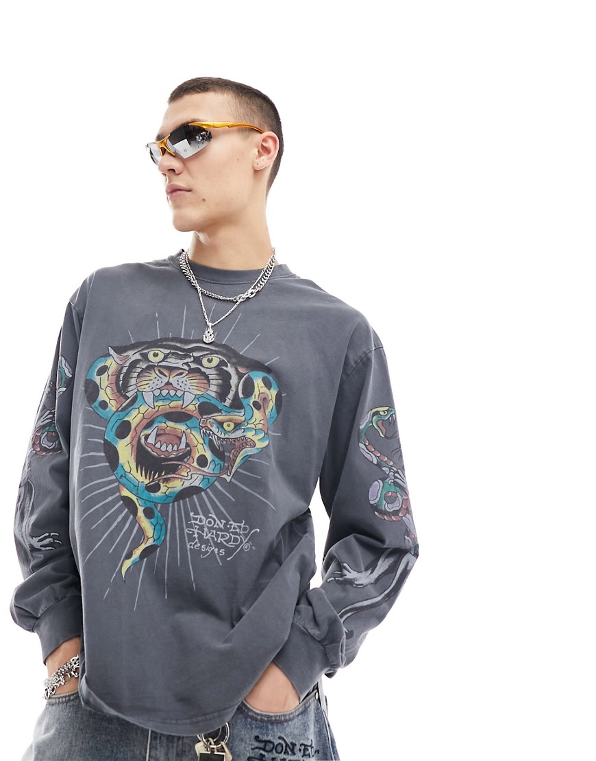 Ed Hardy long sleeve washed grey t-shirt with tiger head graphic-Black