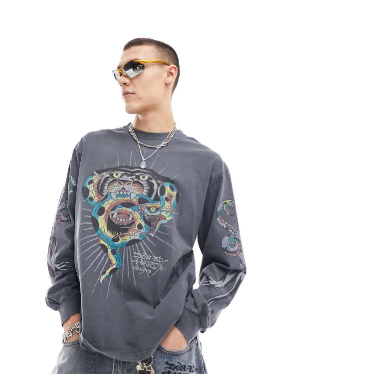 Ed Hardy long sleeve washed grey t-shirt with tiger head graphic