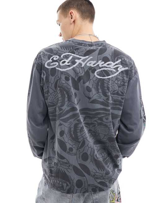 Ed Hardy long sleeve washed grey t-shirt with tiger head graphic