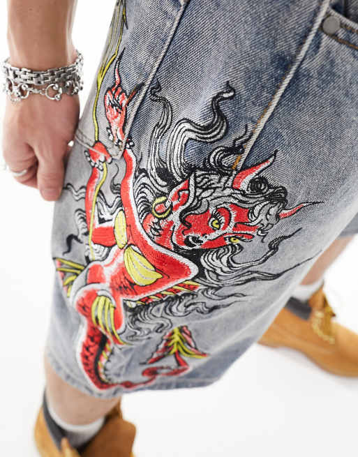 Ed Hardy longline relaxed skater shorts in washed denim with embroidery detail, 3 of 5