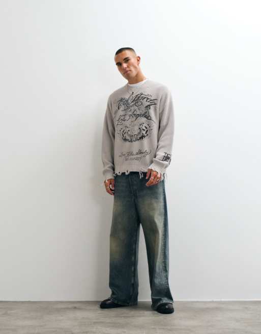 Ed Hardy los angelels crew neck jumper in grey, 2 of 5