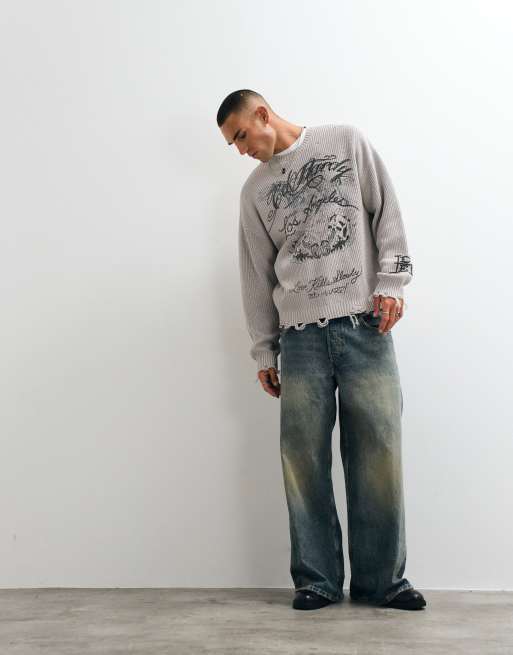 Ed Hardy los angelels crew neck jumper in grey, 4 of 5