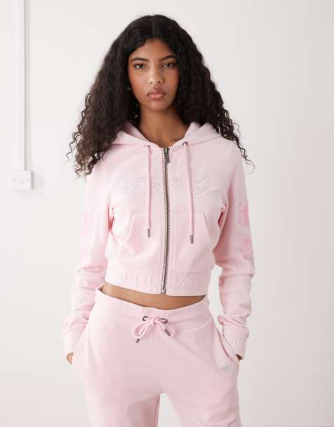Ed Hardy love and thorns diamante velour hoodie in pink co-ord - view 1