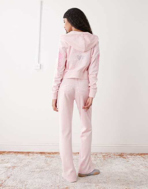 Ed Hardy love and thorns diamante velour joggers in pink co-ord, 3 of 5
