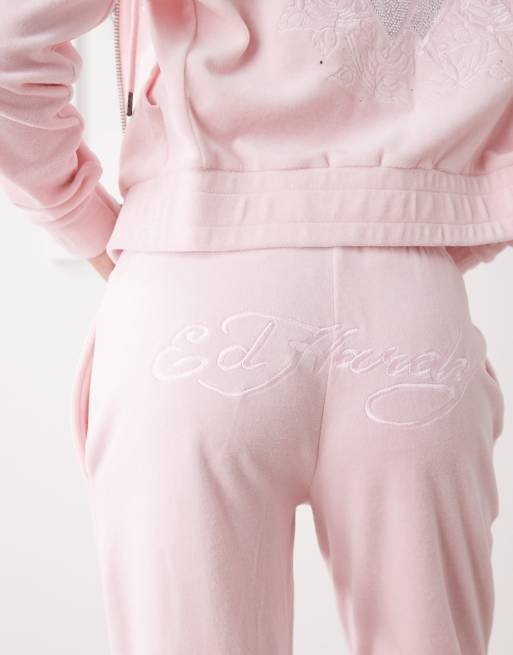 Ed Hardy love and thorns diamante velour joggers in pink co-ord, 4 of 5