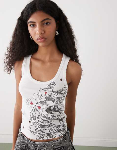 Ed Hardy love birds ribbed eyelet vest in white - view 1
