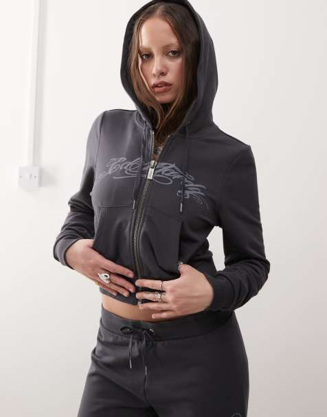 Ed Hardy love is mystery cropped hoodie in charcoal co-ord - view 1