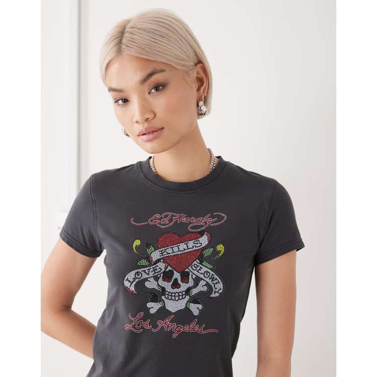 Ed Hardy love kills slowly diamante baby tee in black | ASOS