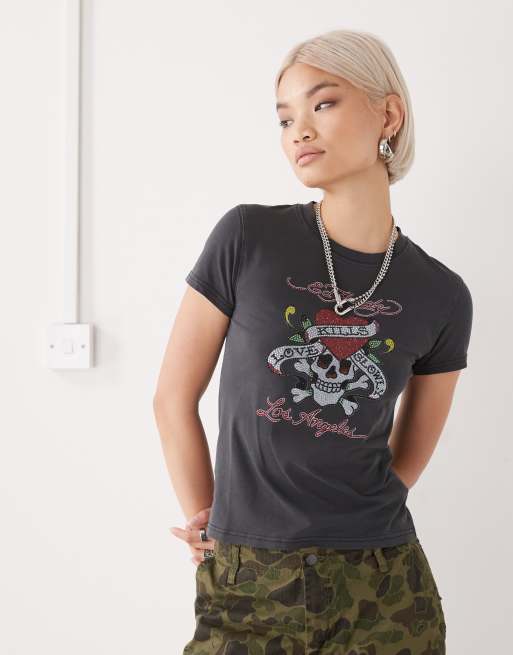Ed Hardy love kills slowly diamante baby tee in black | ASOS