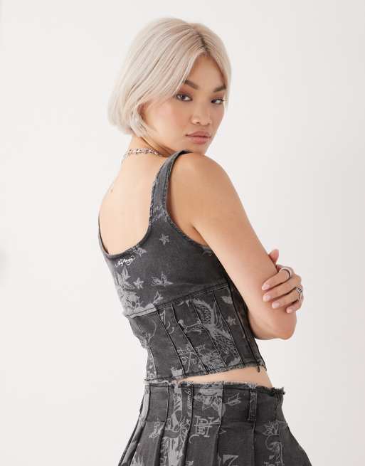 Ed Hardy love print corset top in black co-ord, 4 of 4