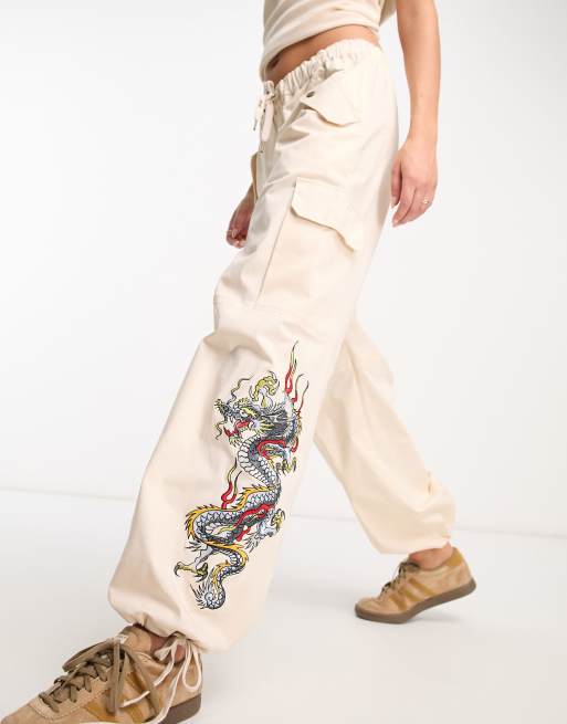 Pantalon Cargo Baggy Ed Hardy X Urban Outfitters - Taille L - Broderie Dragon - Y2K