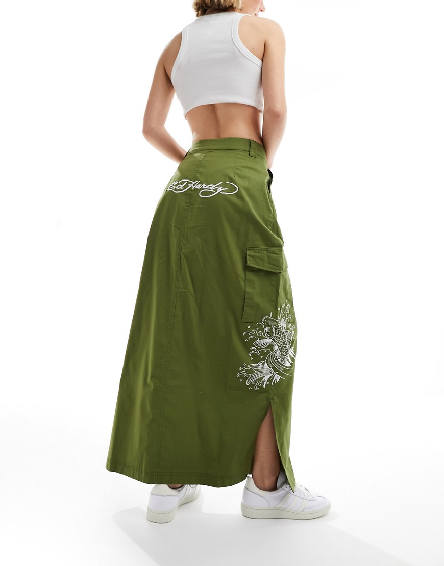 Ed Hardy midi cargo with koi wave embroidered skirt-Green