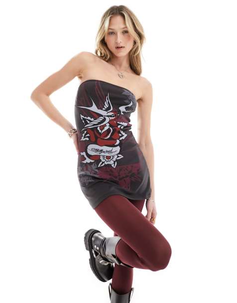 Ed Hardy mini dress with swallow rose print