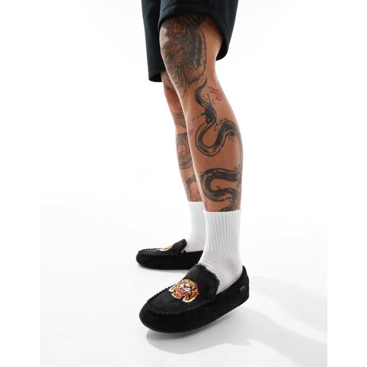 Ed Hardy moccasin slippers with embroidered tiger face in black ASOS