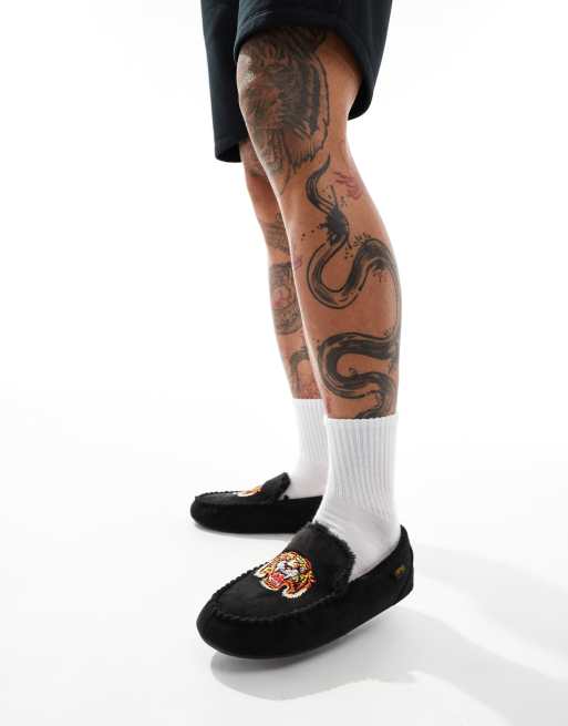 Ed Hardy moccasin slippers with embroidered tiger face in black ASOS