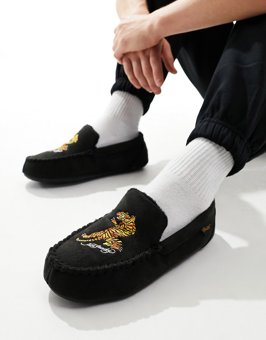 Ed Hardy moccasin slippers with embroidered tiger in black