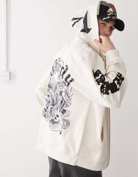 Ed Hardy mono montage zip through hoodie in beige - view 1