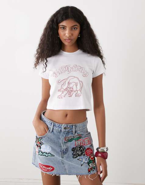 Ed Hardy multi badge tattoo denim mini skirt in mid blue