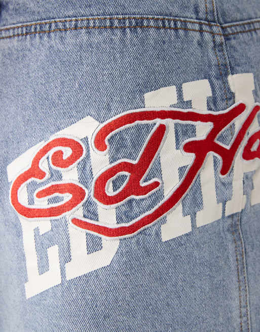 Ed Hardy multi badge tattoo denim mini skirt in mid blue, 5 of 5