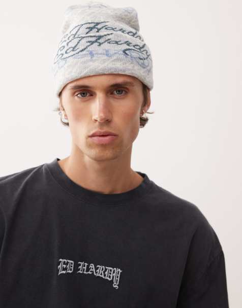 Ed Hardy multi logo beanie hat in pearl blue - view 1