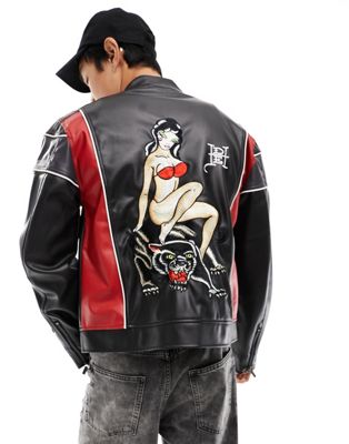 Ed Hardy oversized faux leather moto jacket with lady back print