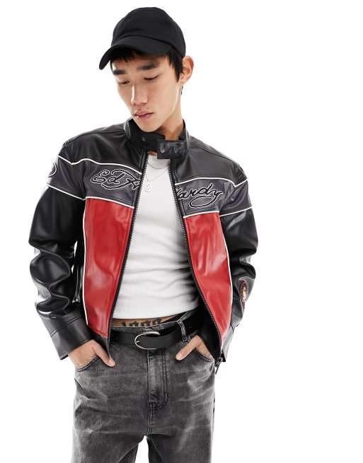 Ed Hardy oversized faux leather moto jacket with lady back print