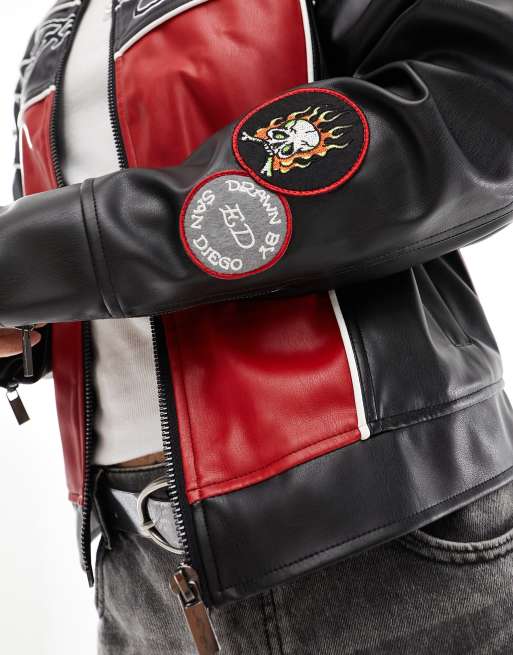 ジャケット・アウター edhardy leather jacket Ed Hardy oversized faux leather moto jacket with lady back print