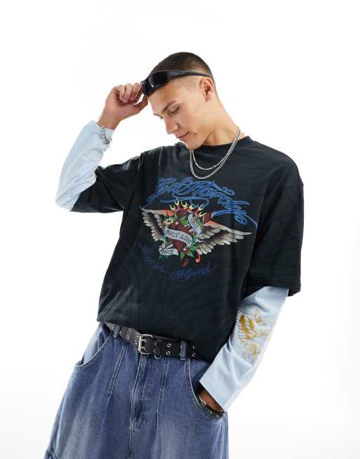 Double Layer Long Sleeve Skater T-Shirt, Men's Fashion, Tops