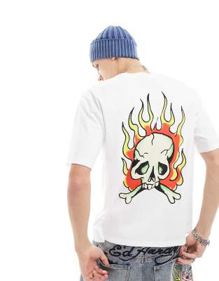 Ed Hardy Ed Hardy oversized t-shirt with logo front and flaming skull back print-White