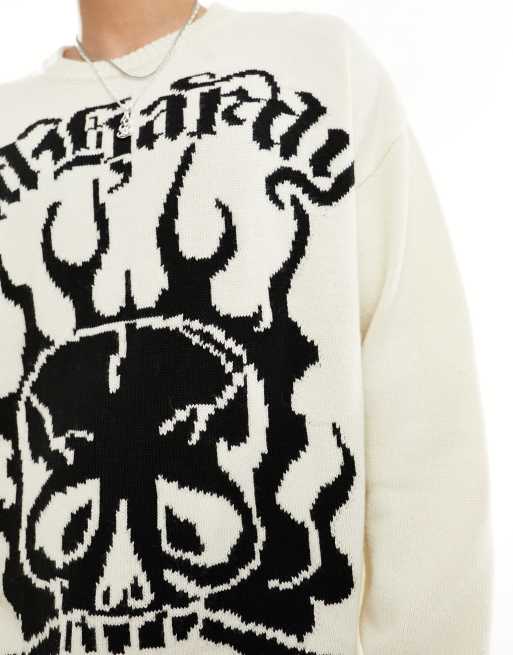 Ed Hardy - Pull en maille jacquard avec motif crâne et logo gothique contrastant, 3 de 4