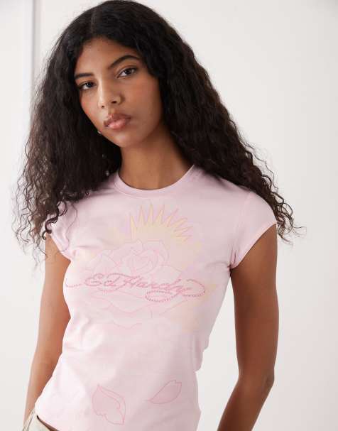 Ed Hardy rainbow and sunshine diamante cap sleeve t-shirt in pink