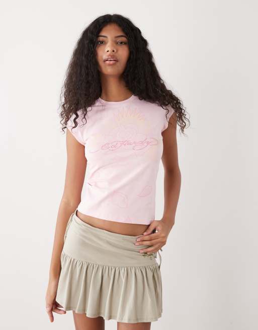 Ed Hardy rainbow and sunshine diamante cap sleeve t-shirt in pink, 2 of 4