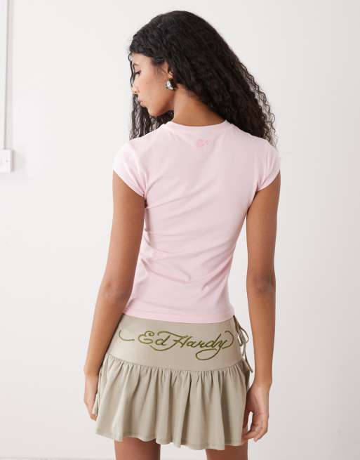 Ed Hardy rainbow and sunshine diamante cap sleeve t-shirt in pink, 4 of 4