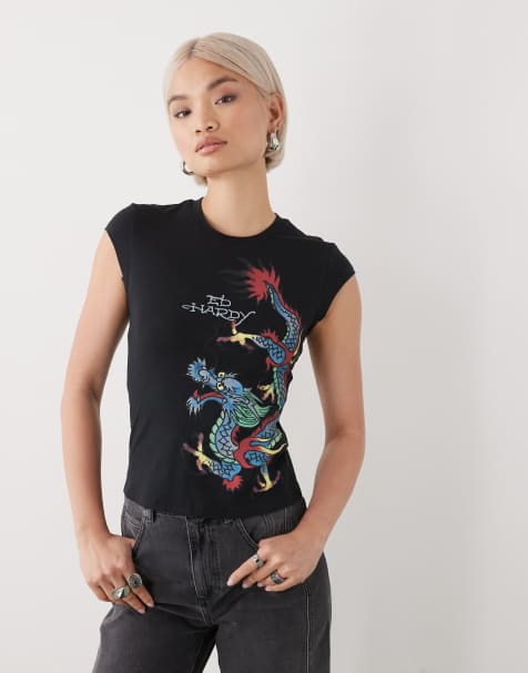 Ed Hardy rawling dragon cap sleeve t-shirt in black
