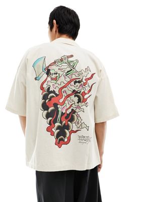 Ed Hardy relaxed bowling shirt with gothic logo and back print