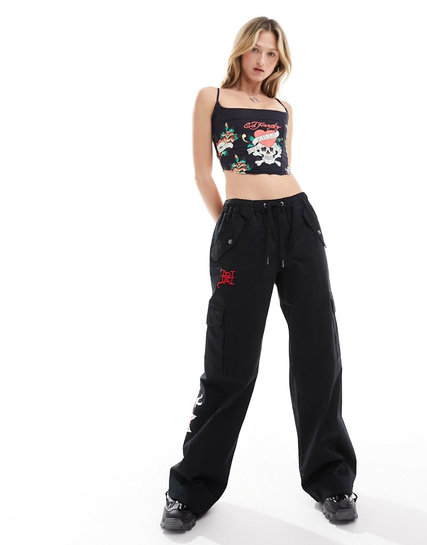 Ed Hardy relaxed cargo trousers with red script bum logo-Black
