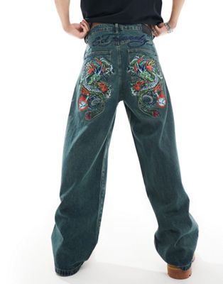 Ed Hardy relaxed jeans with embroidery in indigo green tint denim