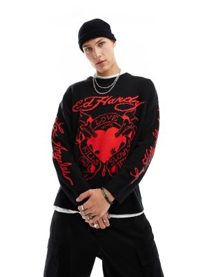 Ed Hardy relaxed knit jumper in black with heart jacquard