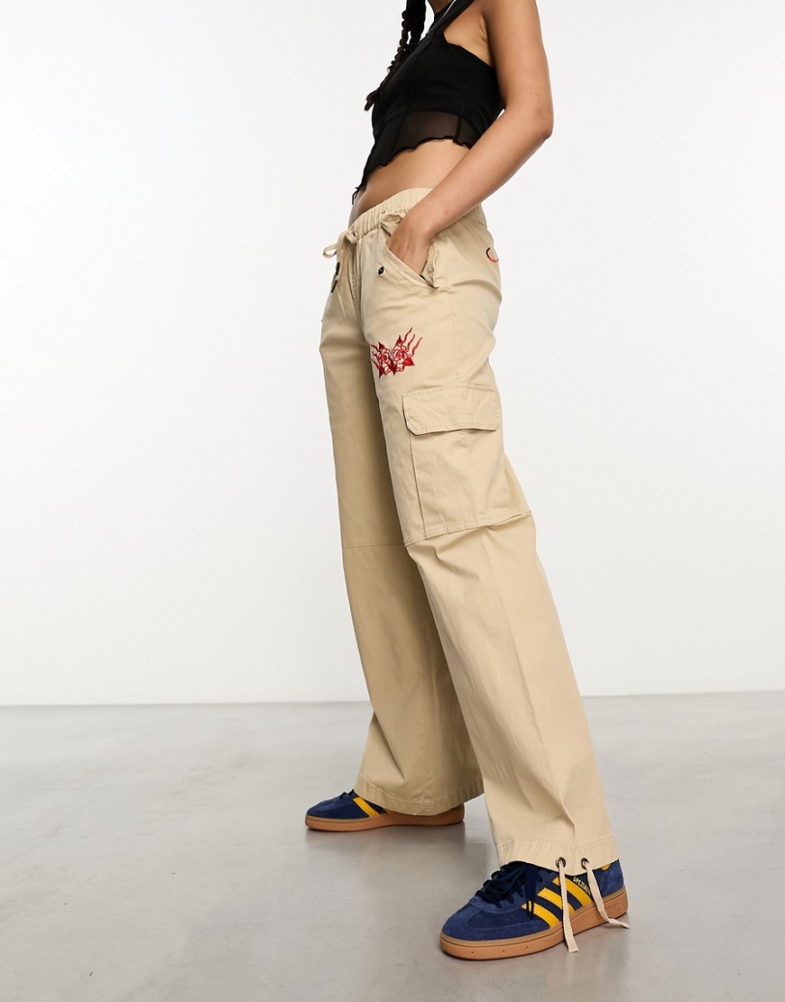 Ed Hardy relaxed low rise cargo trousers with red embroidery-White