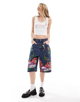 Ed Hardy relaxed skater longline denim shorts with peachy bum print