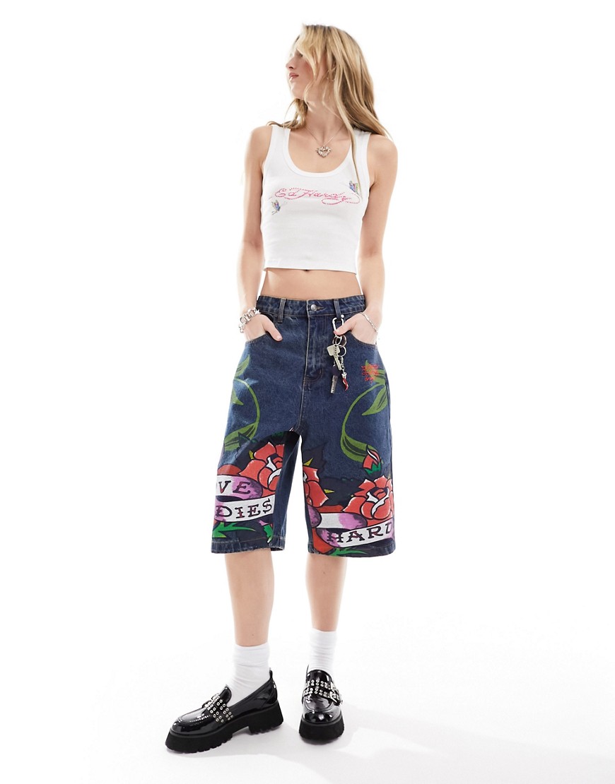 Ed Hardy relaxed skater longline denim shorts with peachy bum print-Blue