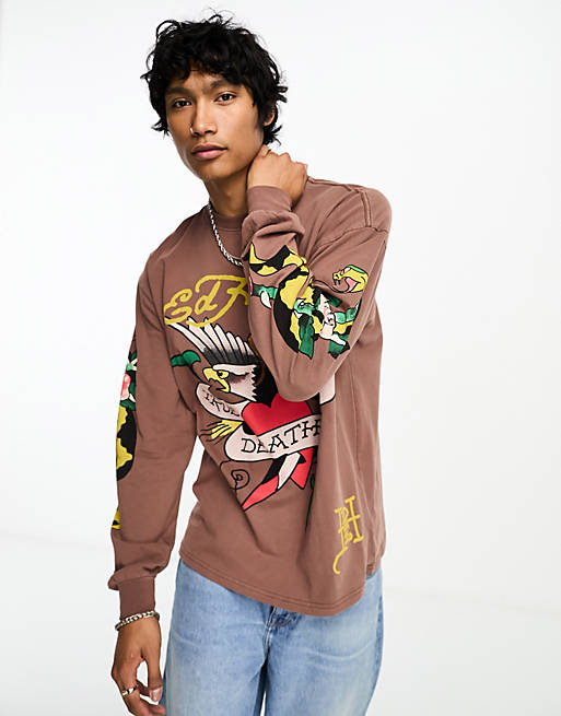Ed Hardy relaxed sweatshirt with heart graphic in washed chocolate