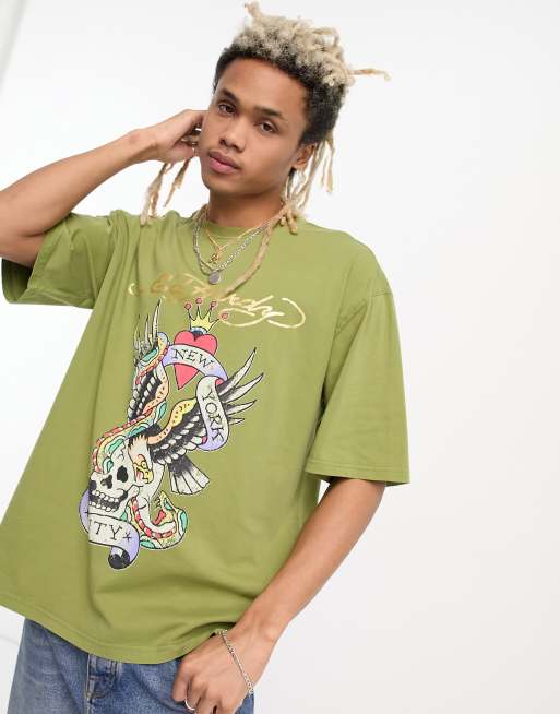 Ed Hardy relaxed t-shirt in khaki with new york graphic